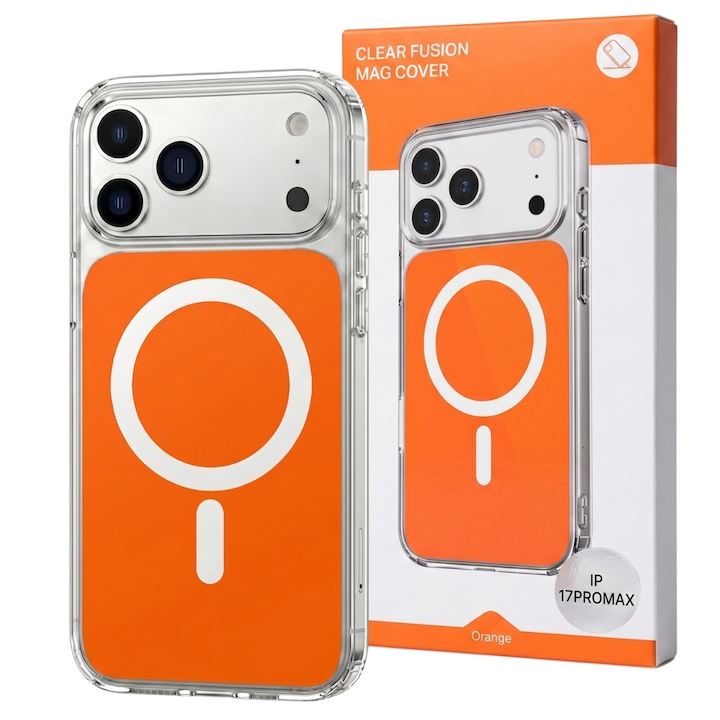 Husa pentru iPhone 17 PRO MAX Portocalie, HEYBINGO®, design slim, MagSafe, Anti-Soc, Anti Zgarieturi, Clear Fusion Mag Cover