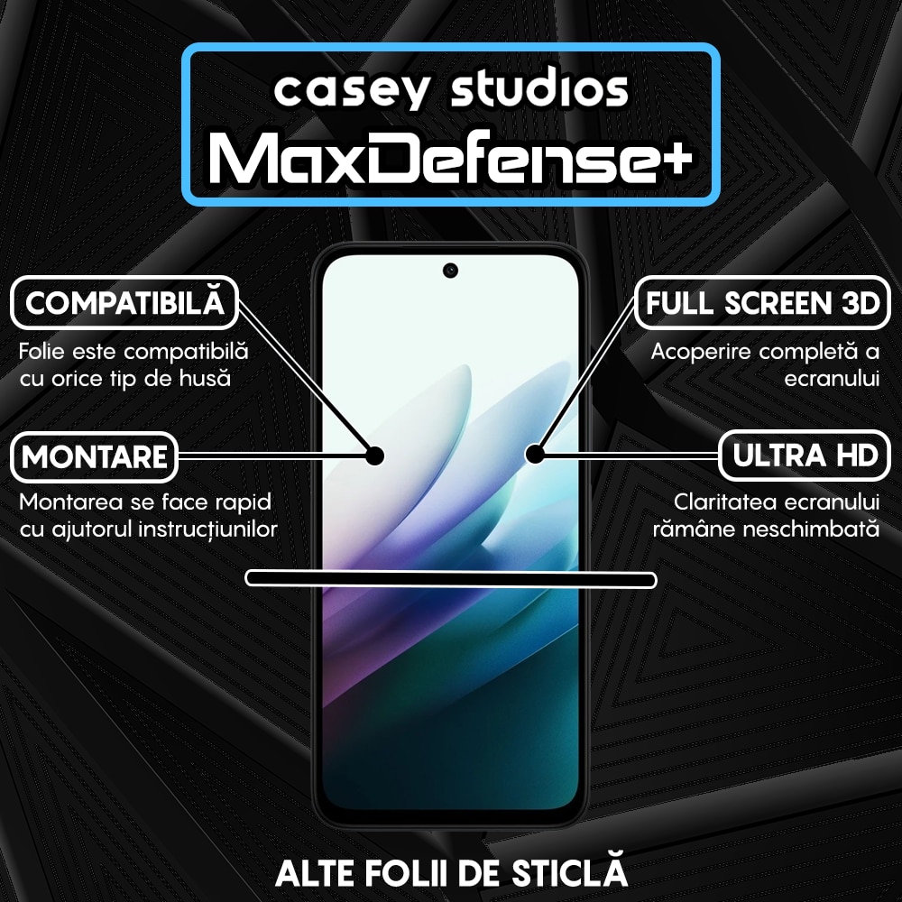 Folie Sticla CASEY STUDIOS™ compatibila cu Xiaomi Redmi 15, Full Cover 3D, Full Glue, Sticla Securizata, Duritate Militara, Ultra HD, Protectie Profesionala Ecran 3D, Anti Zgarieturi, Anti Socuri, Margini Negre