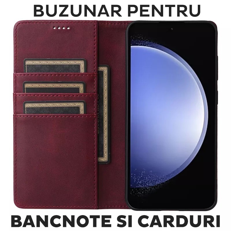 Husa pentru Xiaomi Redmi 15 Daden® Flip Leather Deluxe, Antisoc, Inchidere magnetica, Buzunar card, Calitate Premium, Visiniu