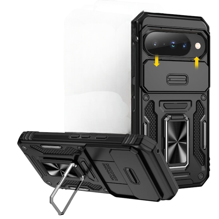 Husa Defender Slide, pentru Google Pixel 10 Pro Xl, Camera Shield, Inel rotativ, Suport stand magnetic, Negru