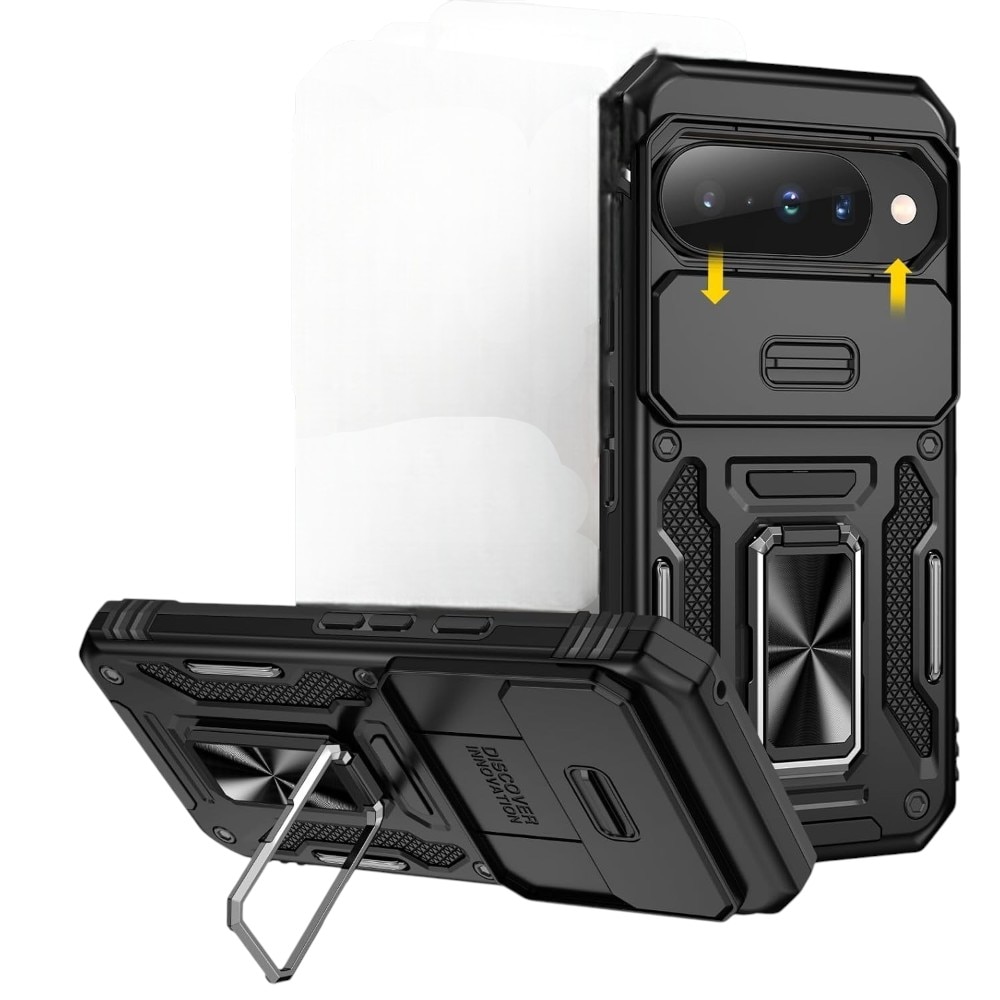 Husa Defender Slide, pentru Google Pixel 10 Pro Xl, Camera Shield, Inel rotativ, Suport stand magnetic, Negru