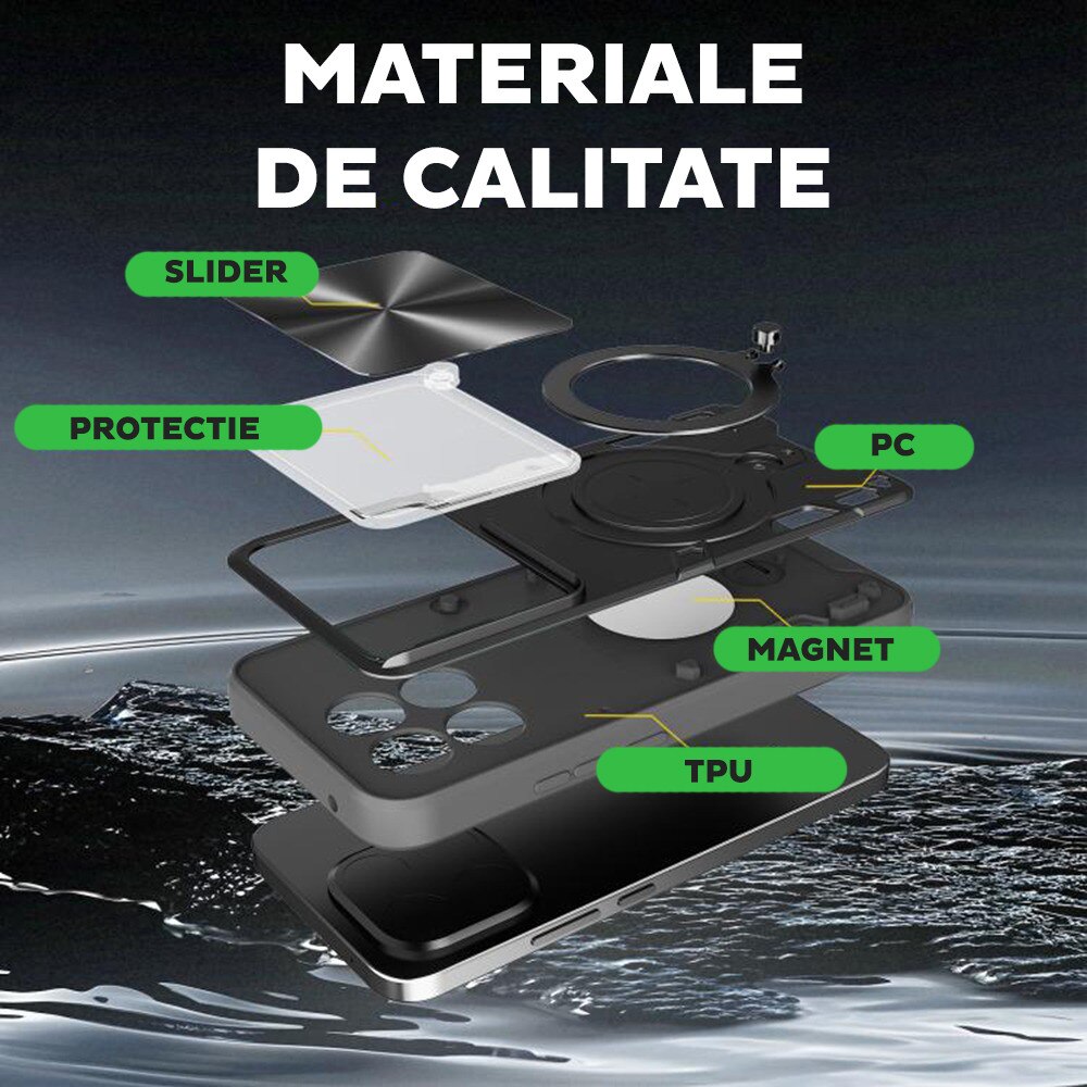 Husa pentru Oppo A6 4G / A6x 4G / A6x 5G / A6k 4G, CamGuard Pro Kickstand, Slider Camera, Antisoc, Protectie Superioara, Negru