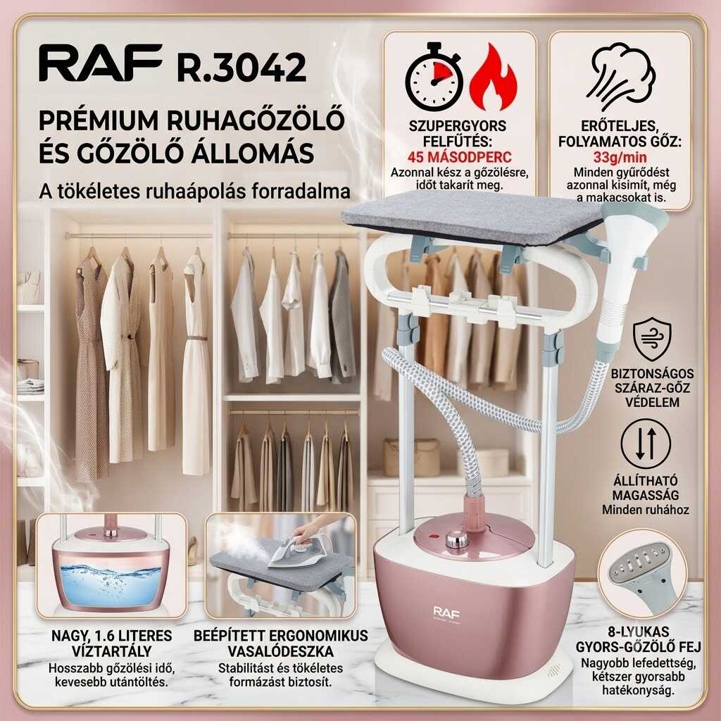 Aparat de călcat vertical cu aburi și stație de călcat profesională cu aburi 1.6L 2000W RAF R.3042