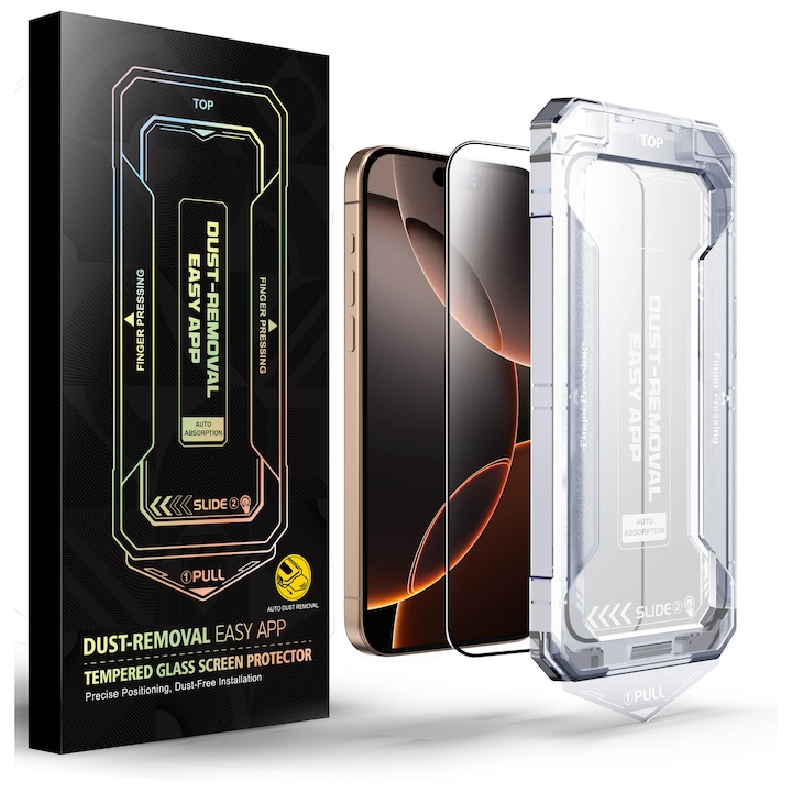 Folie sticla pentru Iphone 16 Plus, Iphone 15 Plus, Sticla securizata, Anti-amprenta, Anti-Static Flexibila, Margini Negre Aluminiu, Strat Oleofob 6.7", instalare usoara, rapida cu dispozitiv de potrivire automata, Easy Install Kit, RikBo®