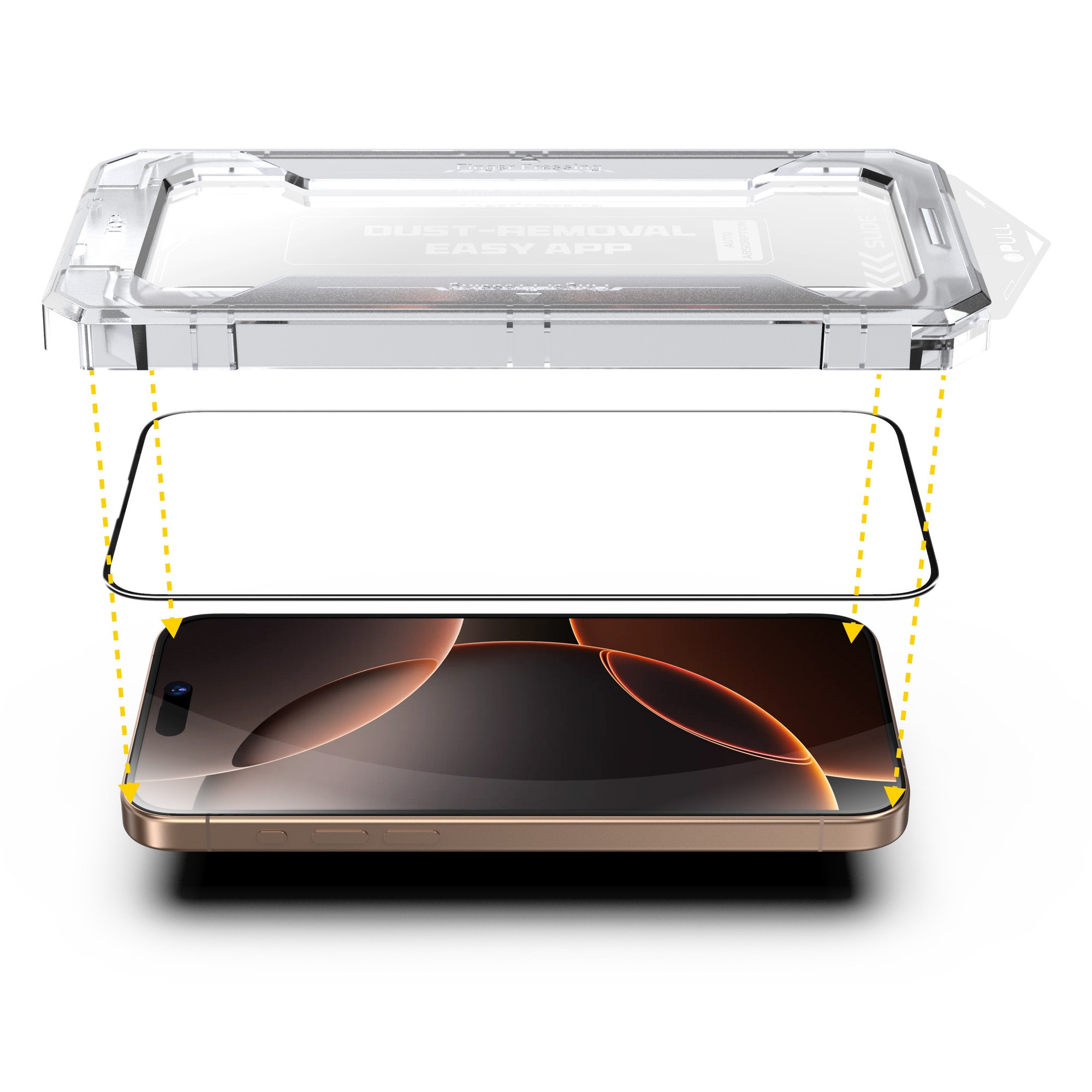 Folie sticla pentru Iphone 16 Plus, Iphone 15 Plus, Sticla securizata, Anti-amprenta, Anti-Static Flexibila, Margini Negre Aluminiu, Strat Oleofob 6.7", instalare usoara, rapida cu dispozitiv de potrivire automata, Easy Install Kit, RikBo®