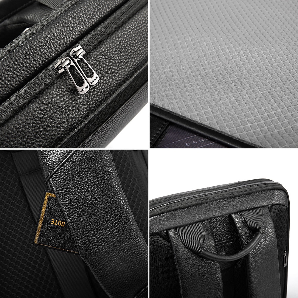 Rucsac laptop 15.6 inch, din piele naturala, rezistent la stropi de apa, buzunar anbtifurt, sistem fixare pe valiza, BANGE, BG6625BK, Negru