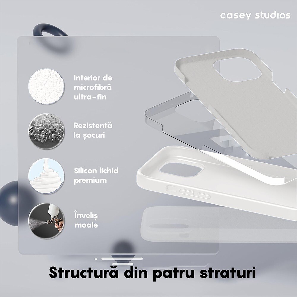 Husa CASEY STUDIOS™ compatibila cu iPhone 15 Pro, Soft Silicone Premium, Microfibra in Interior, Alb, de Protectie, Ultra Slim, pentru Incarcare Wireless, Margini Ridicate de Protectia Ecranului si a Camerelor
