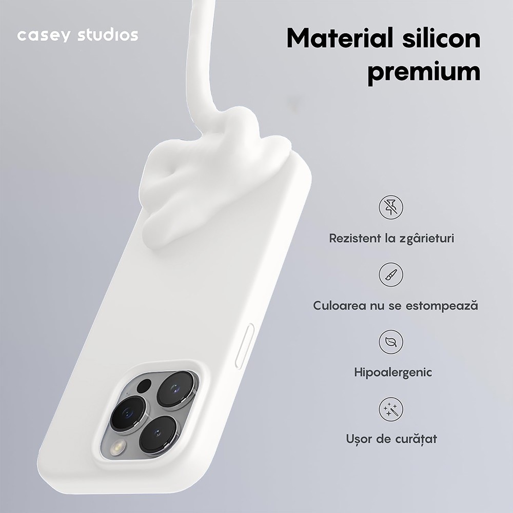 Husa CASEY STUDIOS™ compatibila cu iPhone 15 Pro, Soft Silicone Premium, Microfibra in Interior, Alb, de Protectie, Ultra Slim, pentru Incarcare Wireless, Margini Ridicate de Protectia Ecranului si a Camerelor