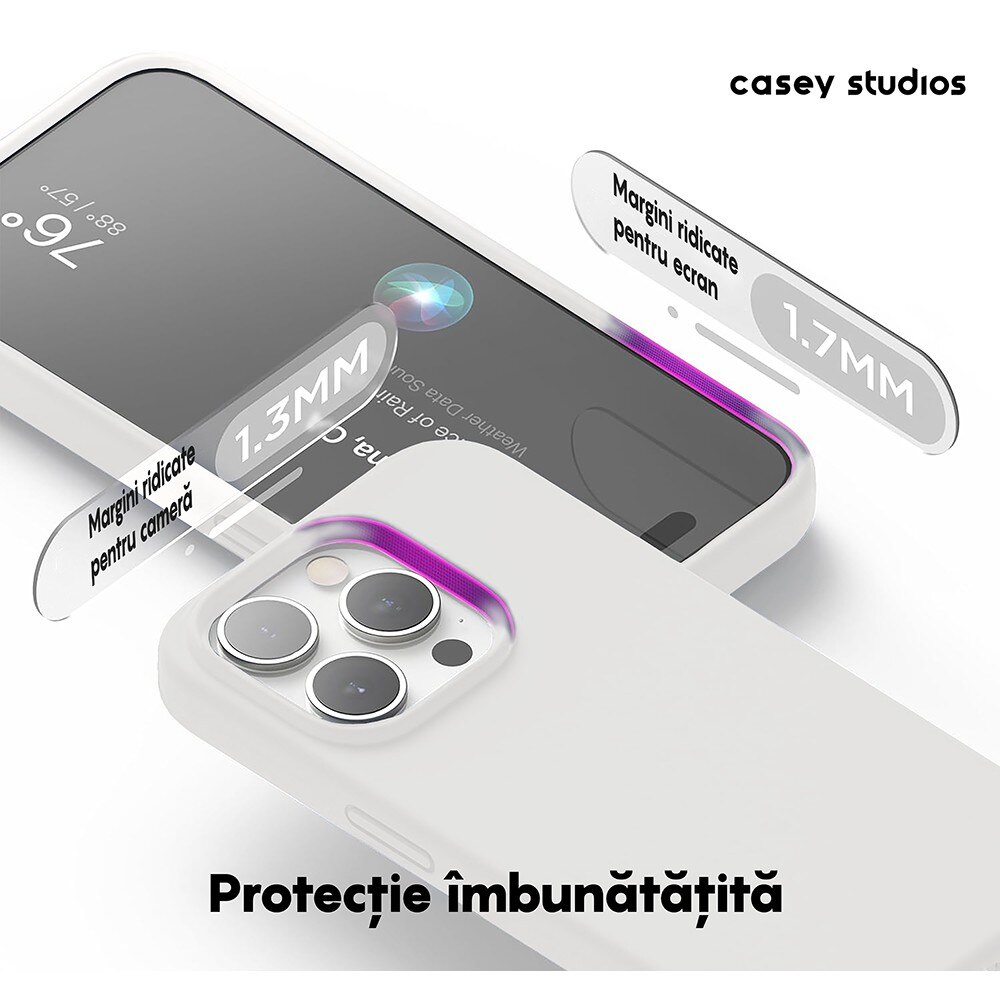 Husa CASEY STUDIOS™ compatibila cu iPhone 15 Pro, Soft Silicone Premium, Microfibra in Interior, Alb, de Protectie, Ultra Slim, pentru Incarcare Wireless, Margini Ridicate de Protectia Ecranului si a Camerelor