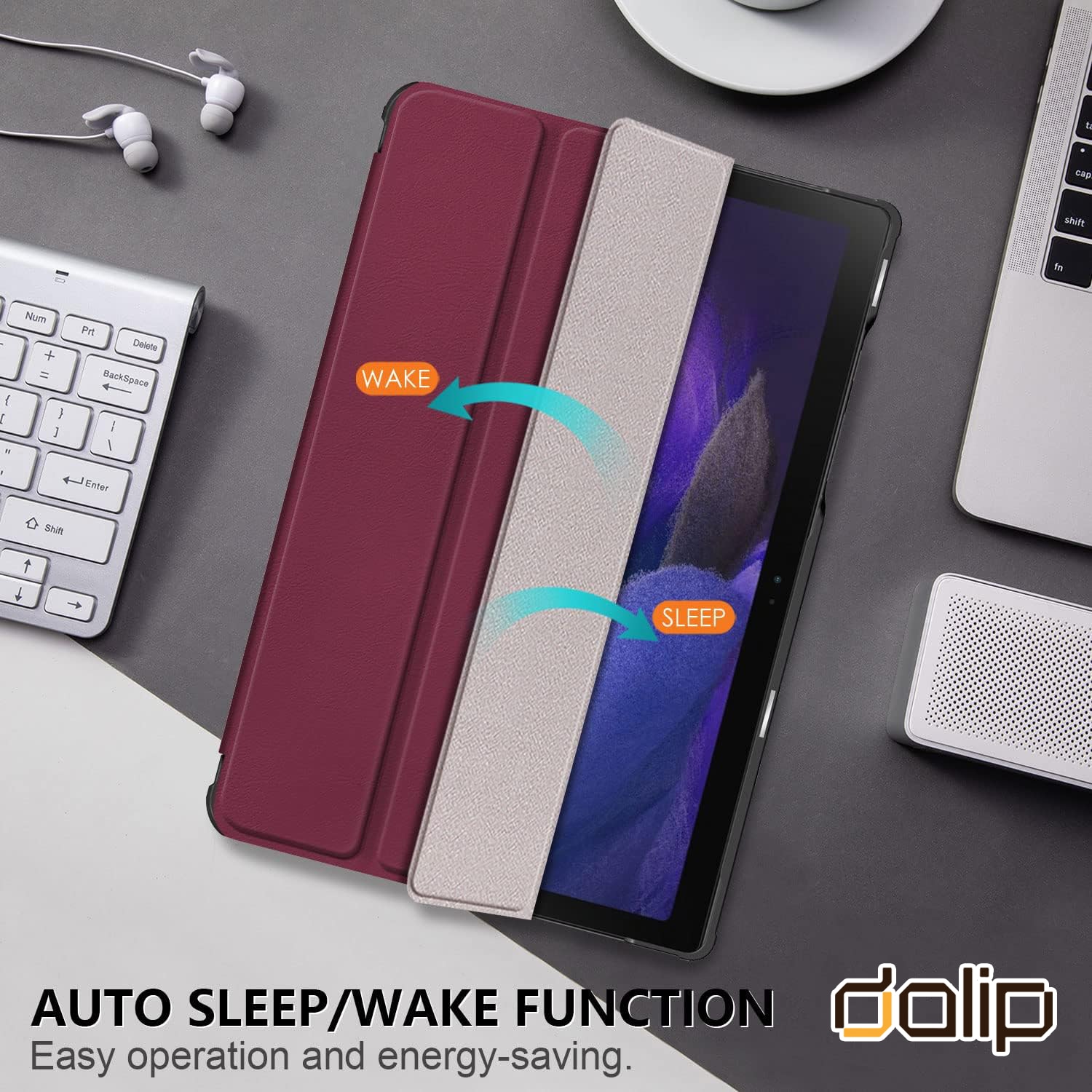 Husa pentru Samsung Galaxy Tab A8 10.5 inch, Dalip Flip Protect 360° Landscape View, Piele ecologica, Visiniu