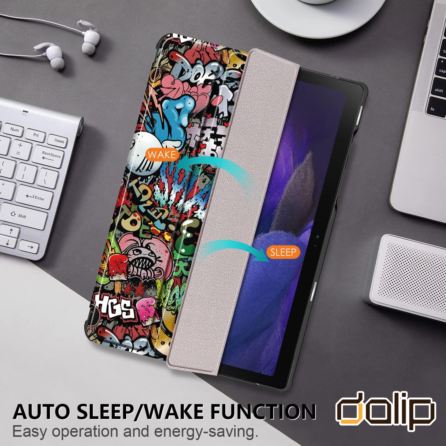 Husa pentru Samsung Galaxy Tab A8 10.5 inch, Dalip Flip Protect 360° Landscape View, Piele ecologica, Graffiti, Multicolor