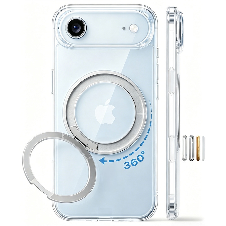 Husa pentru iPhone 17 Air cu suport Robust la 360° pentru Magsafe, MOGU, Buton de Captura Integrat pentru Controlul Camerei, Incarcare Wireless, Anti-ingalbenire, Protectie Militara Certificata, Rezistenta la Socuri, Transparenta