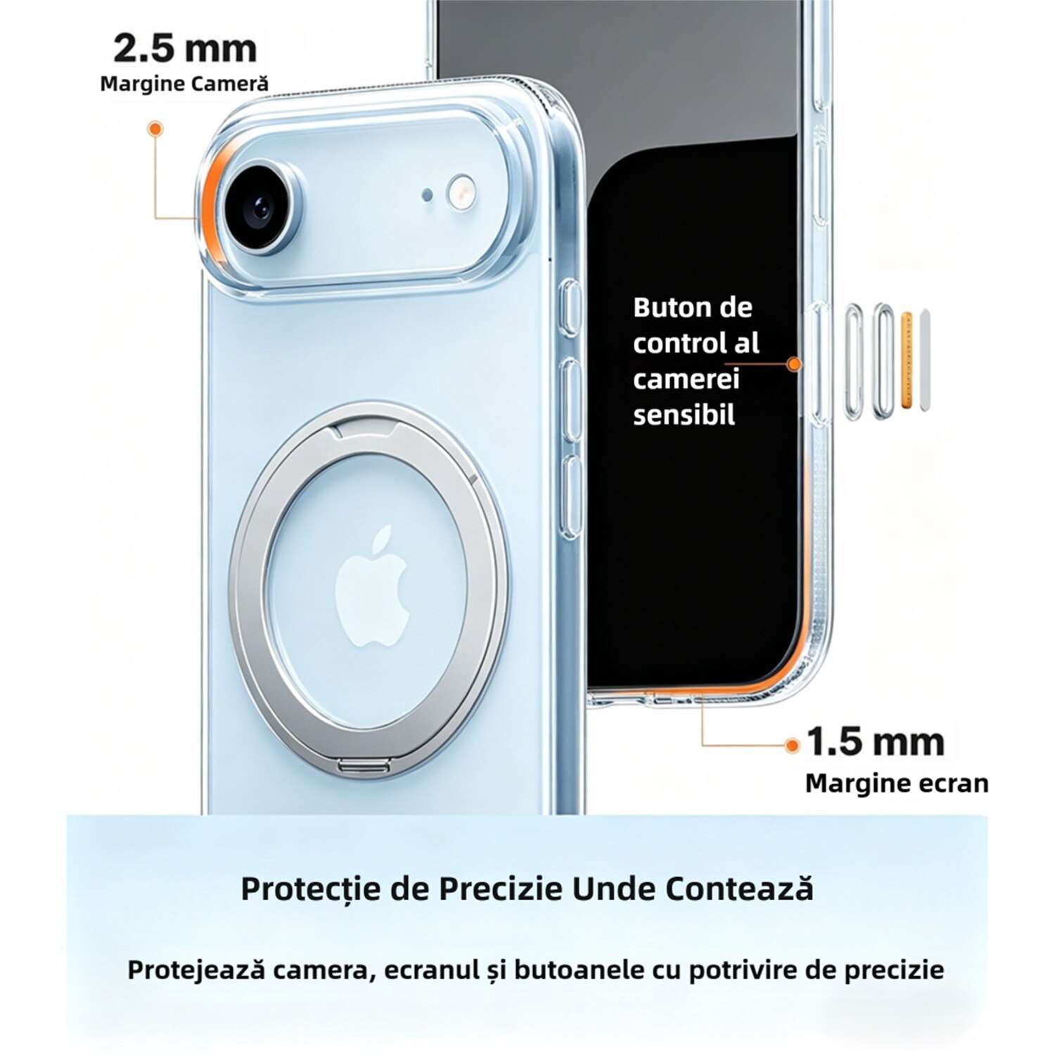 Husa pentru iPhone 17 Air cu suport Robust la 360° pentru Magsafe, MOGU, Buton de Captura Integrat pentru Controlul Camerei, Incarcare Wireless, Anti-ingalbenire, Protectie Militara Certificata, Rezistenta la Socuri, Transparenta
