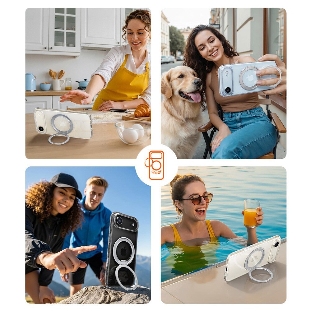 Husa pentru iPhone 17 Air cu suport Robust la 360° pentru Magsafe, MOGU, Buton de Captura Integrat pentru Controlul Camerei, Incarcare Wireless, Anti-ingalbenire, Protectie Militara Certificata, Rezistenta la Socuri, Transparenta