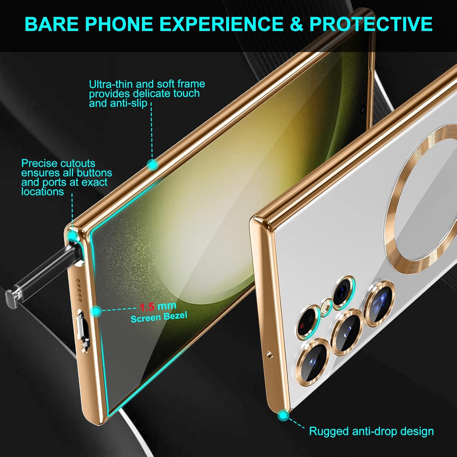 Husa compatibila cu Samsung Galaxy S26 Ultra, ALC MOBILE, pentru telefon mobil cu protectie pentru camera, Tehnologie MagSafe, rezistenta la socuri, contur Auriu