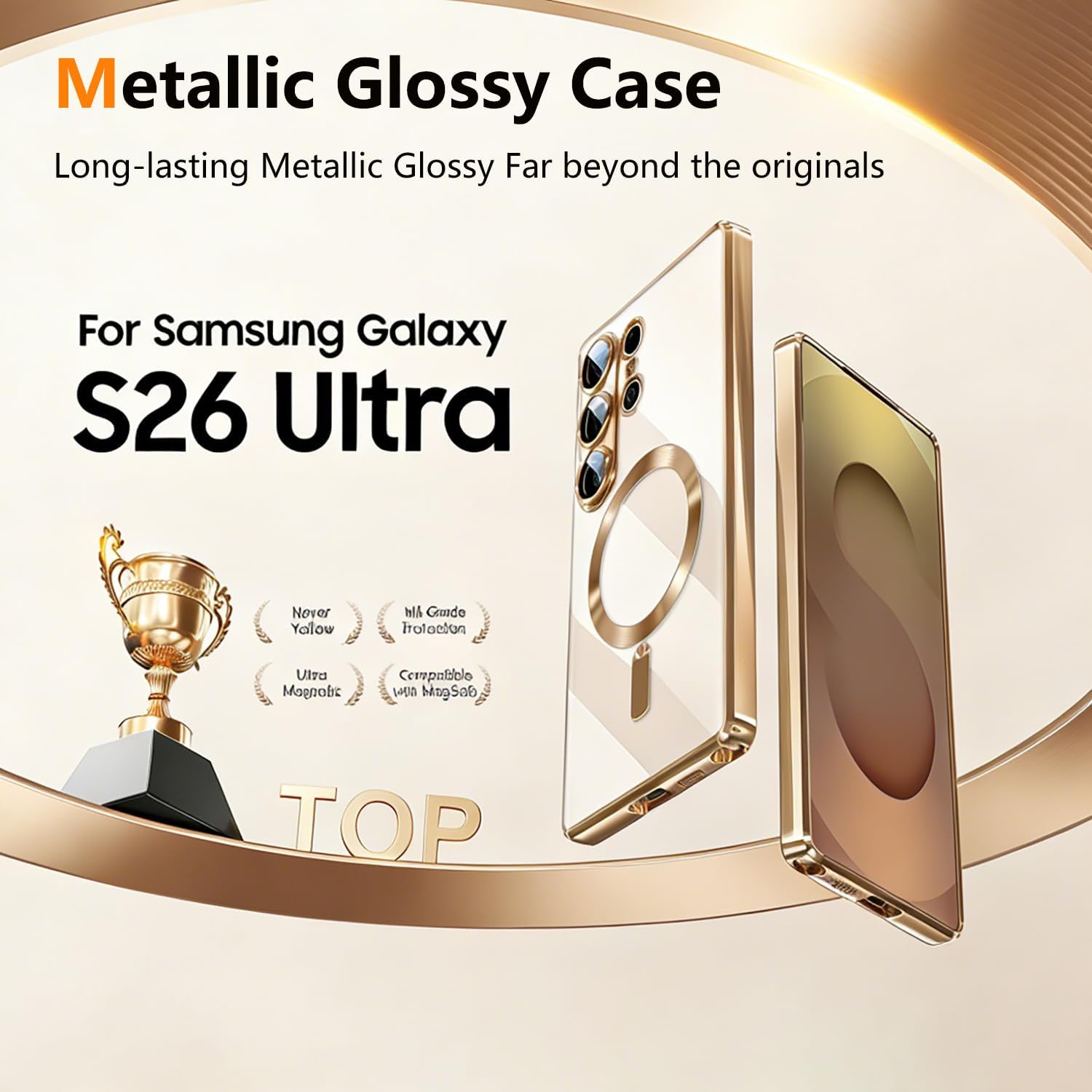 Husa compatibila cu Samsung Galaxy S26 Ultra, ALC MOBILE, pentru telefon mobil cu protectie pentru camera, Tehnologie MagSafe, rezistenta la socuri, contur Auriu