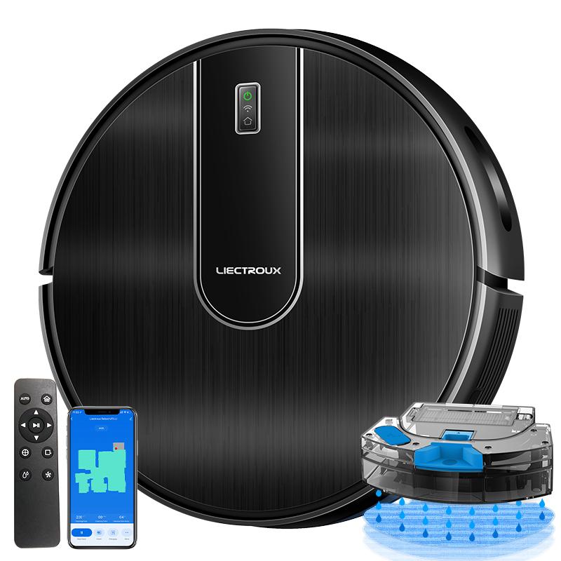 Aspirator robot Liectroux N7S-U 2 in 1, Aspirare si Spalare, 4000 Pa, Navigatie Giroscopica cu Harta 2D, Wi-Fi Tuya, Alexa si Google Assistant, Baterie 4400 mAh, Rezervor Apa Electric, Filtru HEPA, Negru