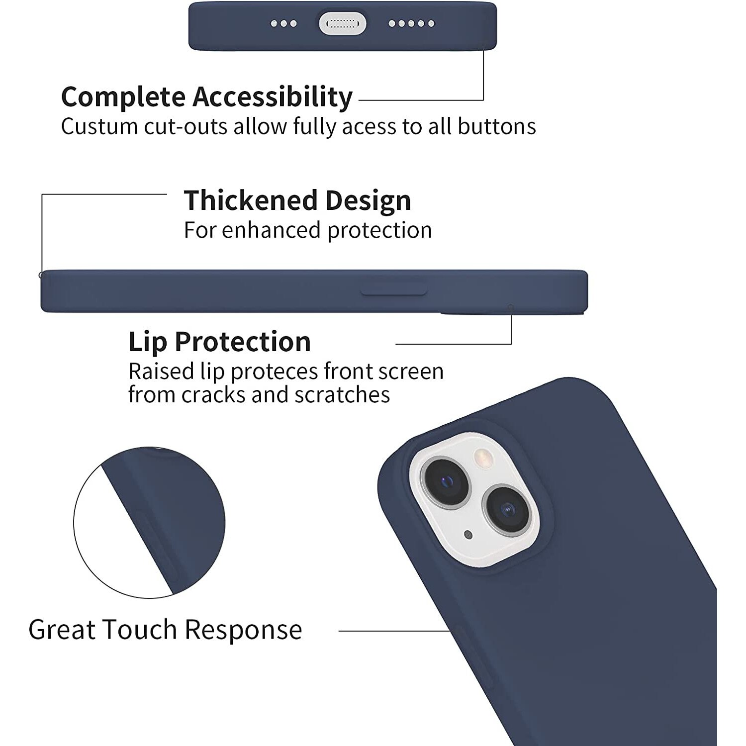 Set husa cu folie protectie, Silicon, Compatibil cu iPhone 13, Bleumarin