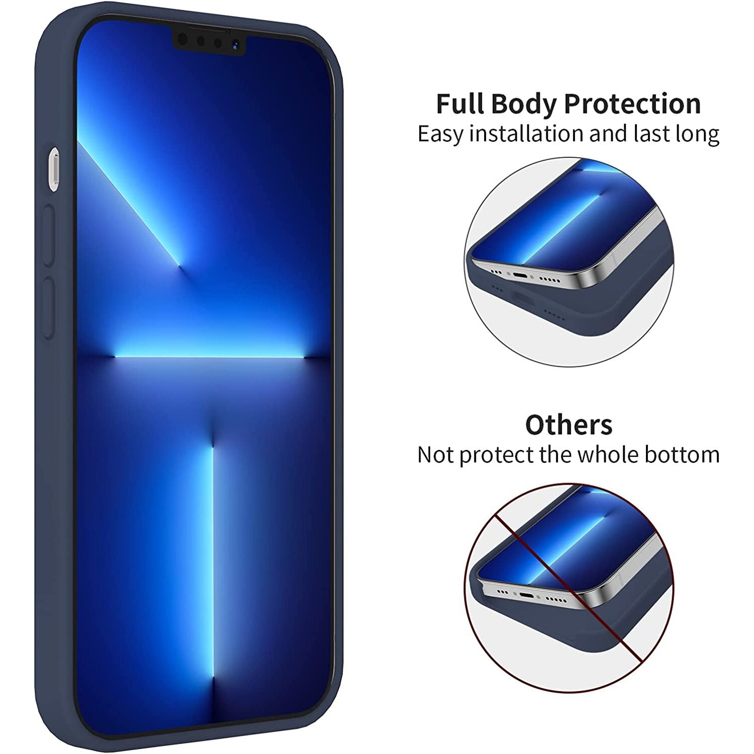 Set husa cu folie protectie, Silicon, Compatibil cu iPhone 13, Bleumarin