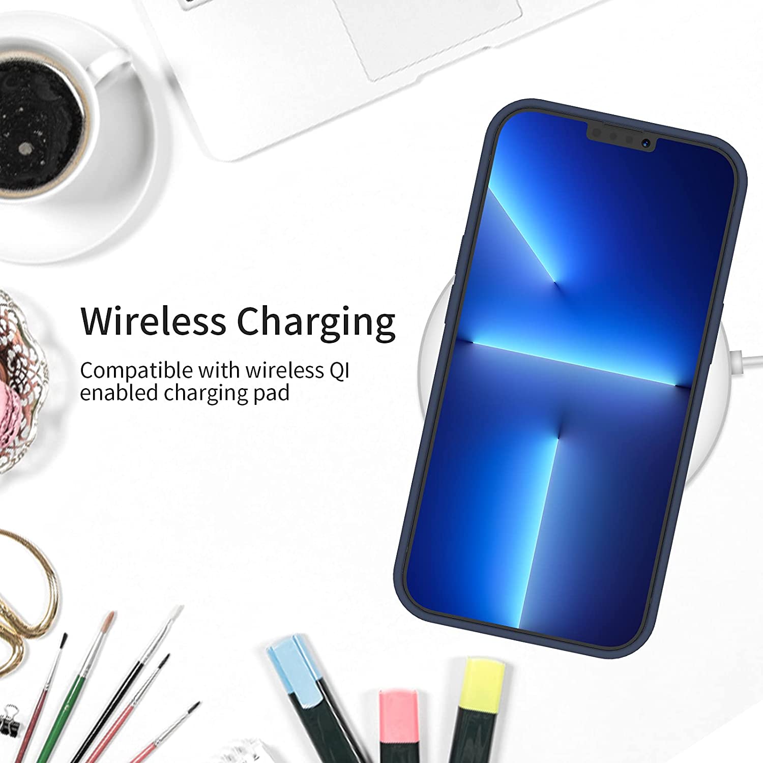 Set husa cu folie protectie, Silicon, Compatibil cu iPhone 13, Bleumarin