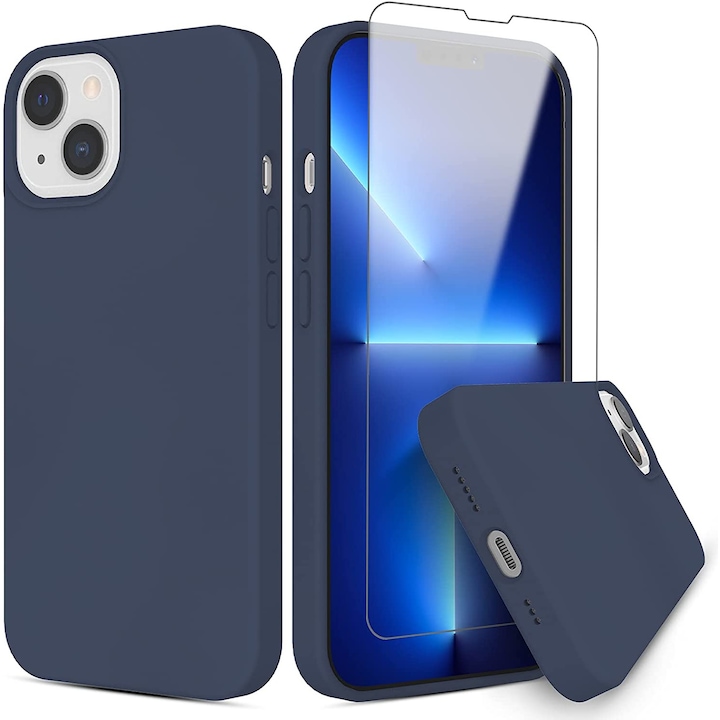 Set husa cu folie protectie, Silicon, Compatibil cu iPhone 13, Bleumarin