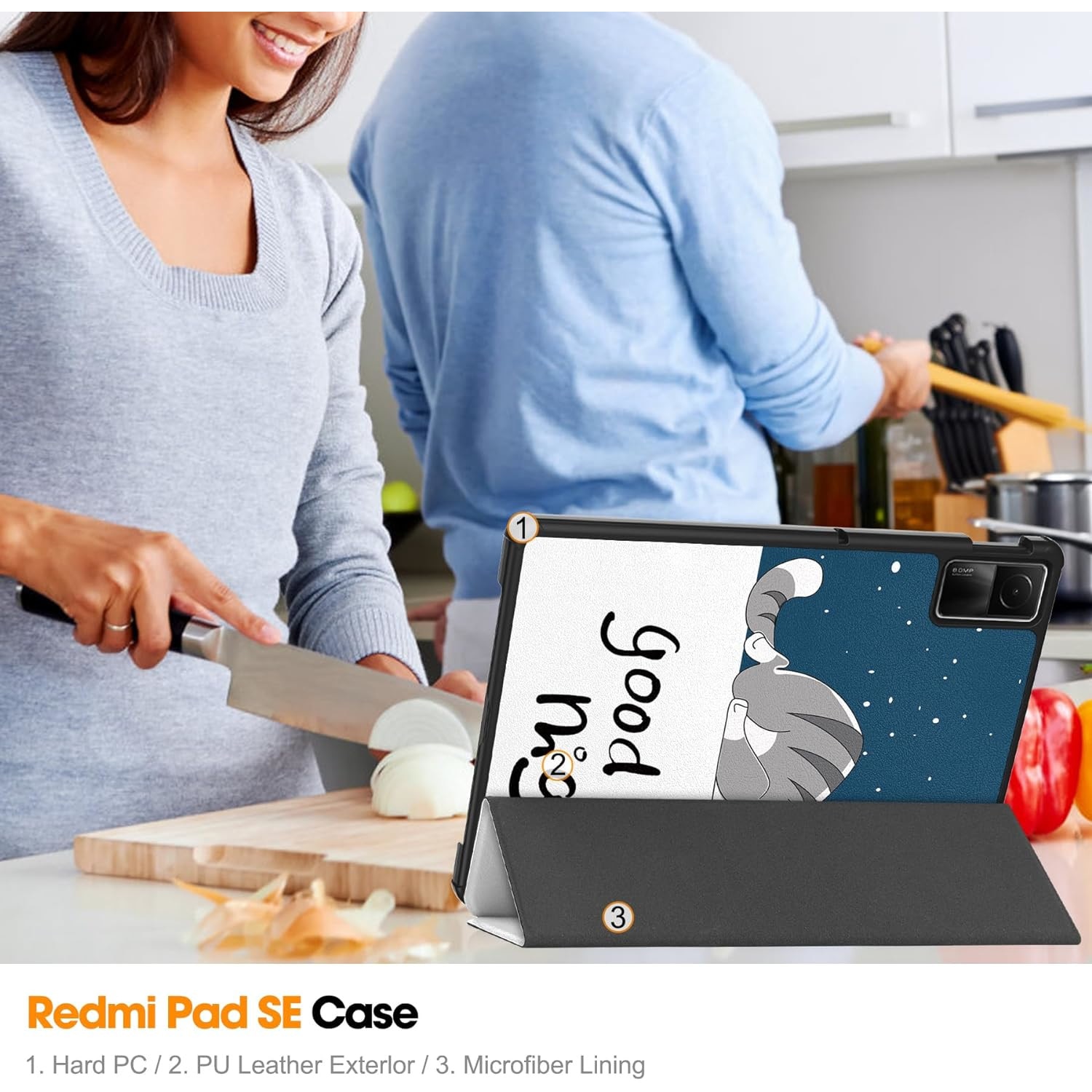 Husa protectie tableta, Piele ecologica, Compatibila cu Xiaomi Redmi Pad SE 11", Albastru/Alb