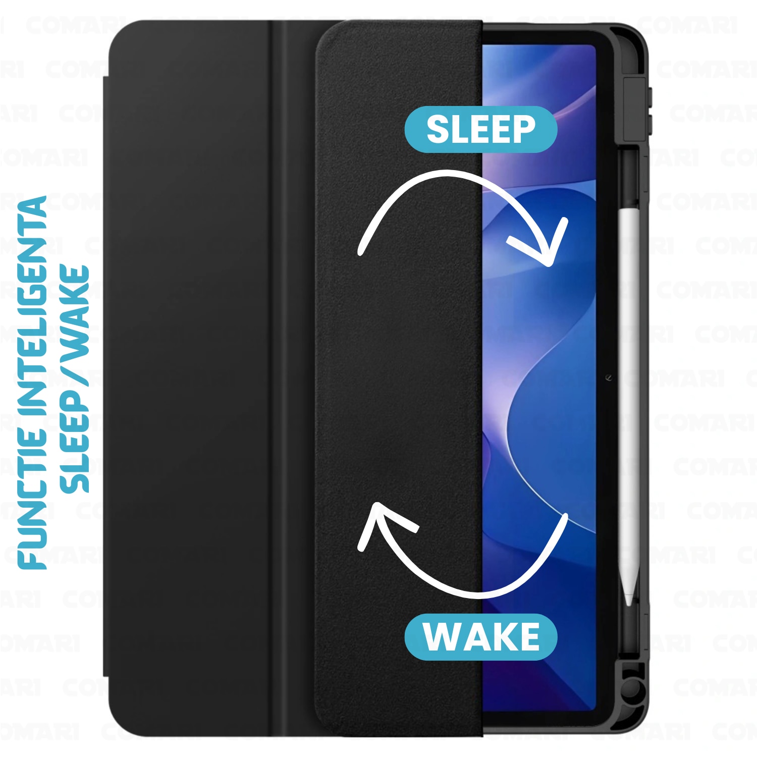 Husa pentru Samsung Galaxy Tab A11 Plus / A9 Plus Comari® EliteCover, protectie completa, functie stand trifold, suport stylus integrat, design elegant tip carte, Albastru Deschis
