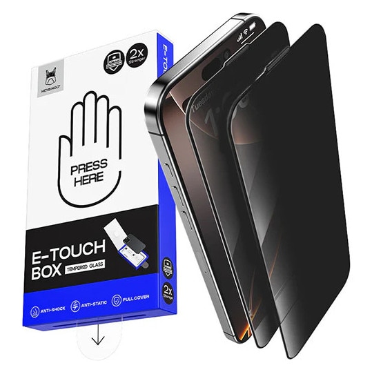 Folie Sticla Privacy Compatibila cu iPhone 16 Pro, HEYBINGO, E-Touch Box, 2 Buc, din Sticla Securizata Duritate 9H, Cu Kit de Aplicare Instanta si Functie Automata de Indepartare a Prafului, Rezistenta la zgarieturi, Protectie Ecran Premium