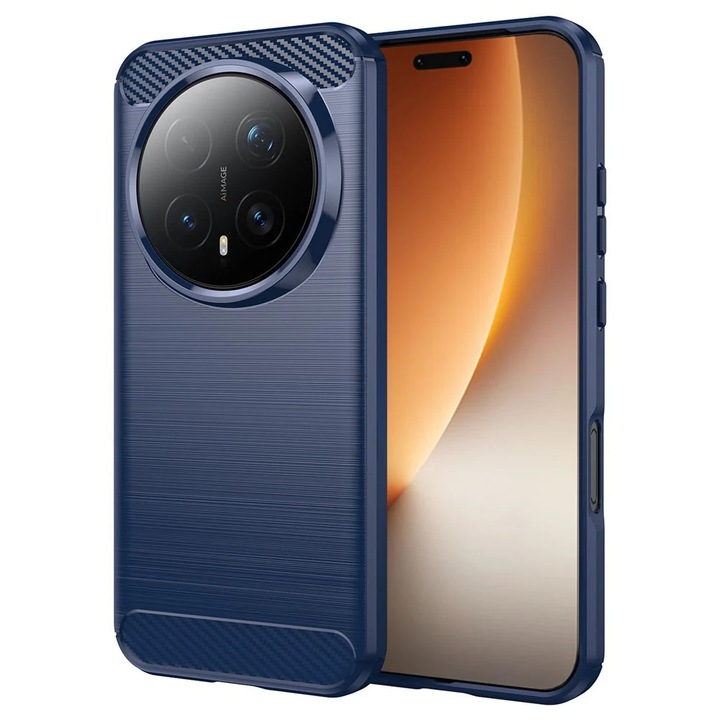 Husa pentru Honor Magic8 Pro, SKYDDAR INNOVATION, Carbon Silicone, din Silicon Slim, cu textura Fibra Carbon, set cu sticker, Albastru