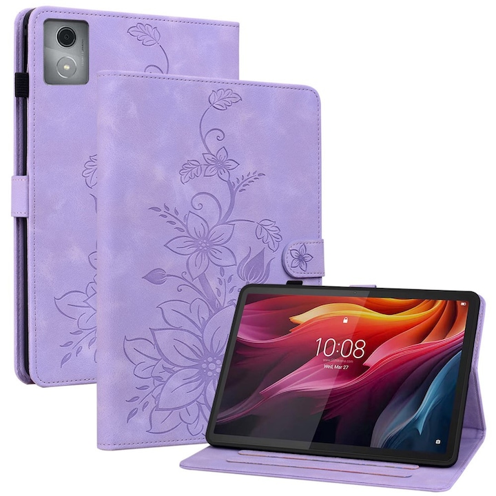 Husa tableta XGSM pentru Lenovo Tab K11 Plus, violet, cu motiv floral, cu suport si buzunare pentru carduri
