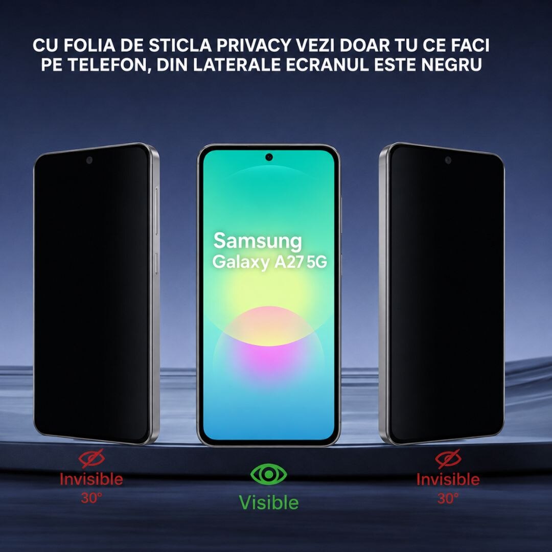 Folie sticla securizata privacy pentru Samsung Galaxy A27 5G cu Kit Montare Inclus pentru Aplicare Rapida si Usoara