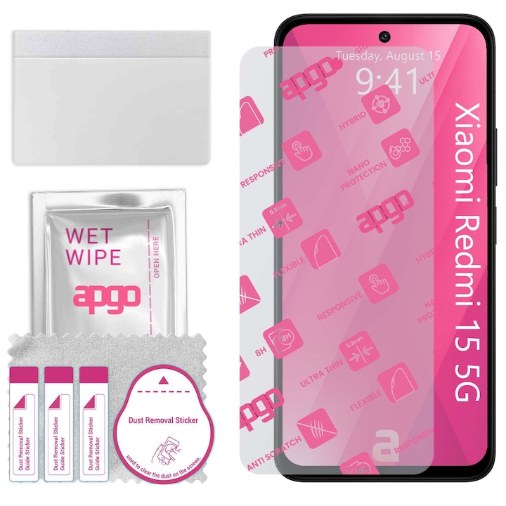 Sticla de protectie apgo pentru Xiaomi Redmi 15 5G – sticla hibrida, securizata pentru display, lucioasa, flexible Hybrid Glass, full glue