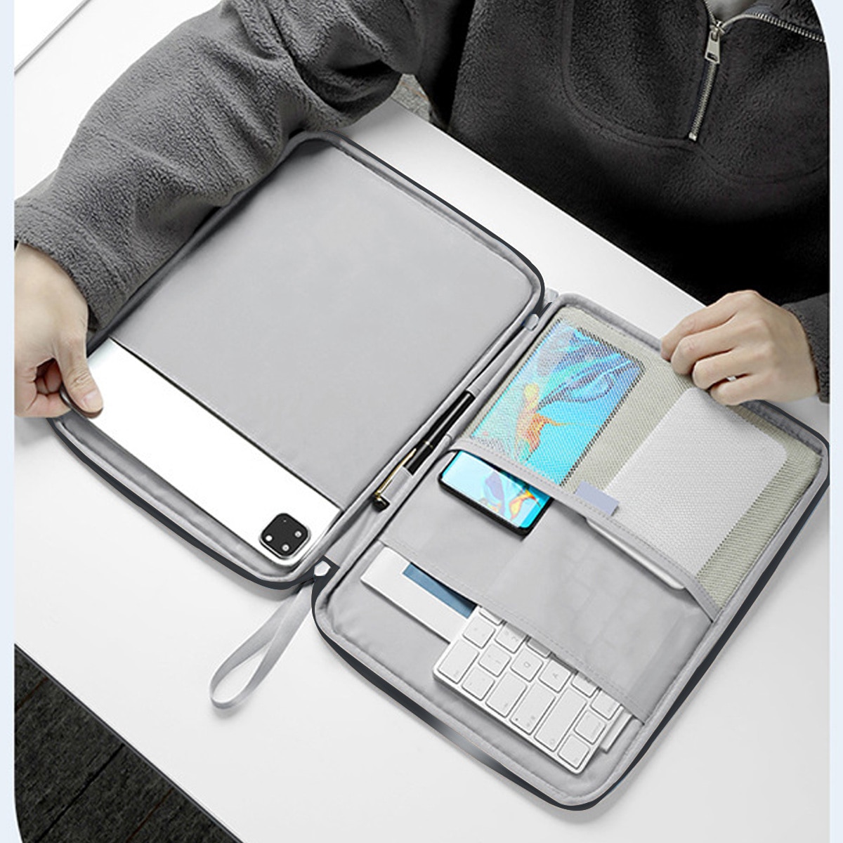 Husă de protecție pentru tabletă FooFoony, 10.9 inch, piele sintetică PU, compartimente multiple, negru