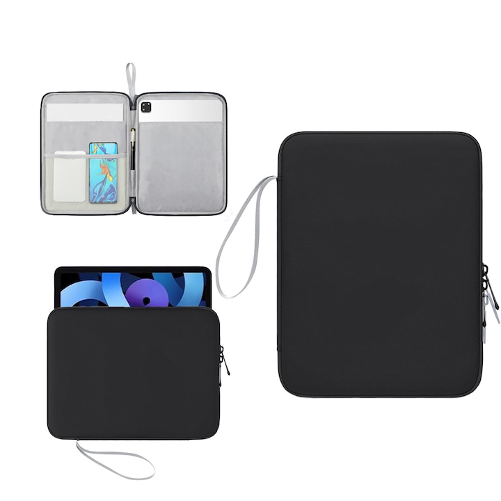 Husă de protecție pentru tabletă FooFoony, 10.9 inch, piele sintetică PU, compartimente multiple, negru