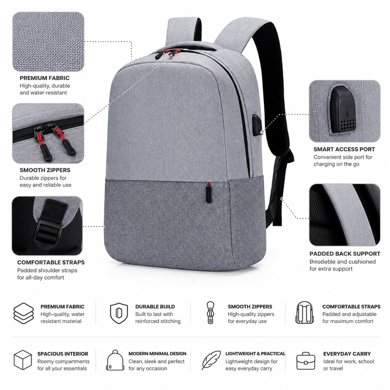 Rucsac sport, port USB, compartiment pentru laptop, 43 x 30 x 14 cm, material textil, negru
