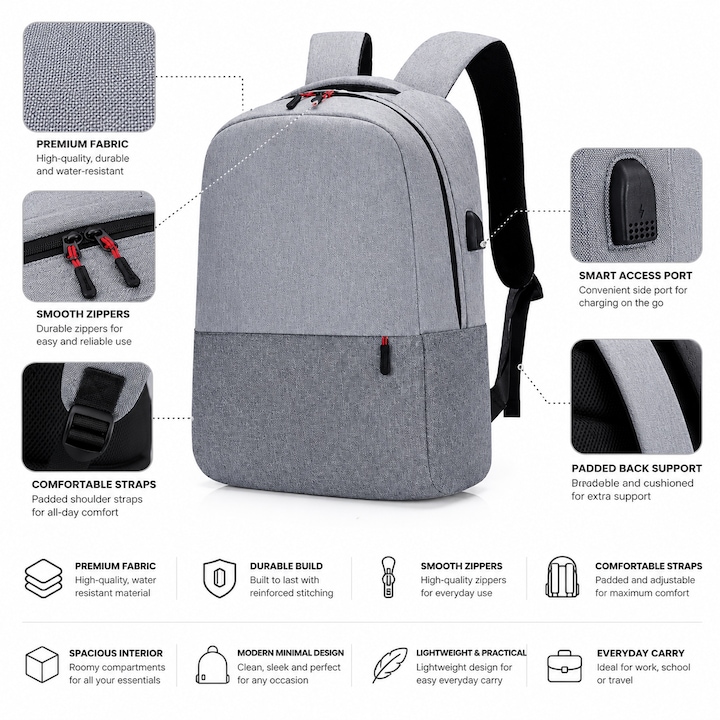 Rucsac sport, port USB, compartiment pentru laptop, 43 x 30 x 14 cm, material textil, negru