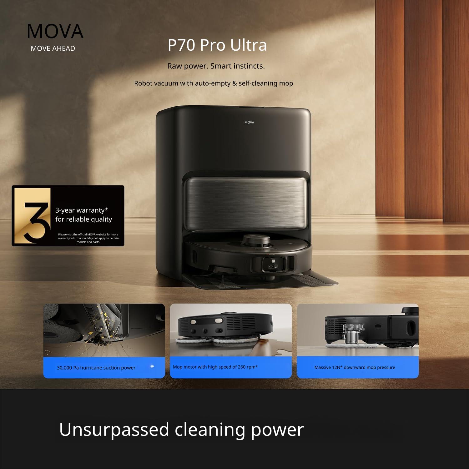 Robot Aspirator Mova P70 Pro Ultra, Aspirare si Spalare, 30000Pa, Statie Auto-Curatare, Mopuri Rotative 260RPM, Detectare AI Obstacole, Control prin Aplicatie, Negru