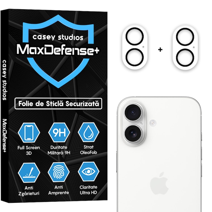 Set 2x Folie Sticla Camera compatibil cu iPhone 17, CASEY STUDIOS™ MaxDefense+, Anti Socuri, Protectie Profesionala Camere 3D, Ultra HD, Anti Zgarieturi, Full Cover, Protectie Securizata