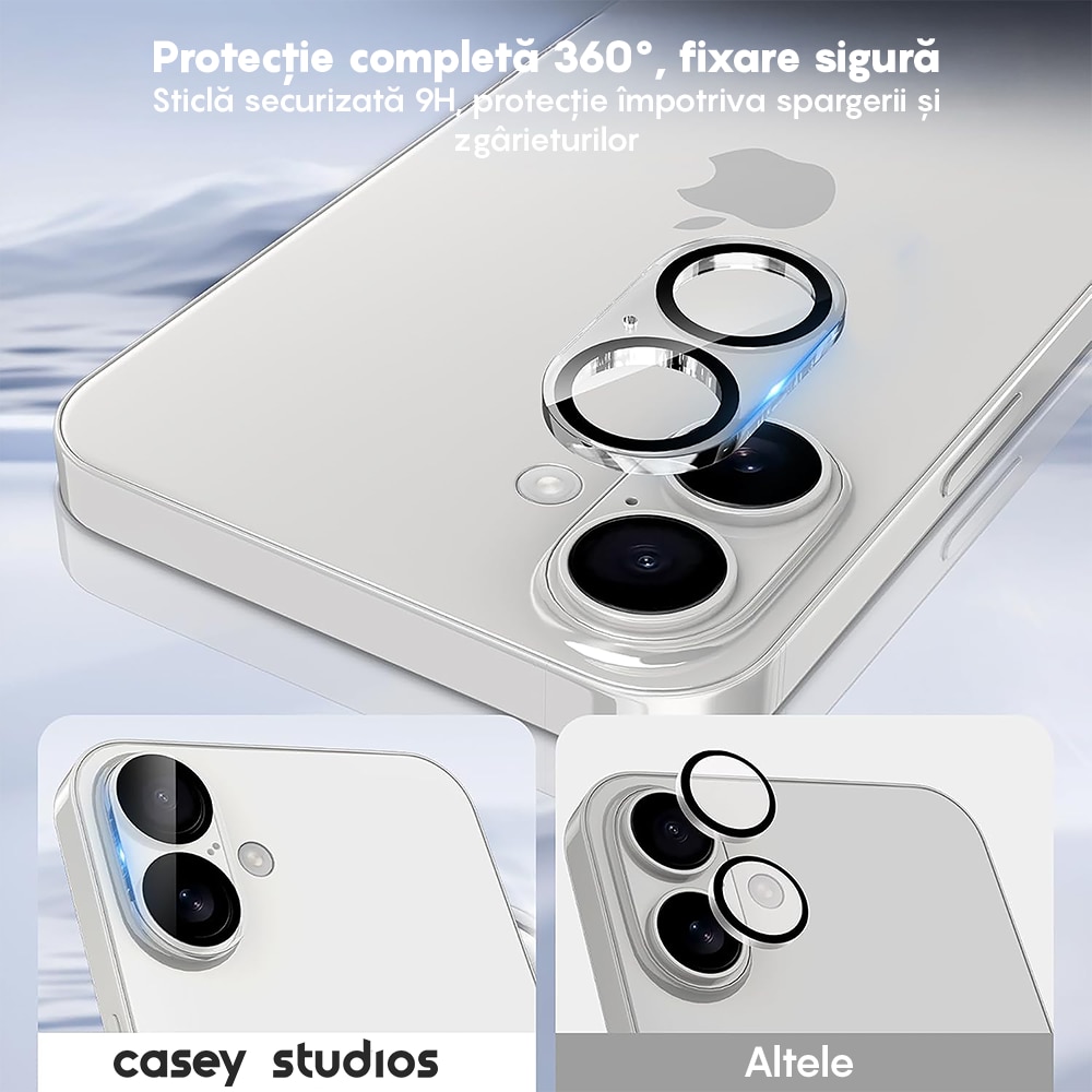 Set 2x Folie Sticla Camera compatibil cu iPhone 17, CASEY STUDIOS™ MaxDefense+, Anti Socuri, Protectie Profesionala Camere 3D, Ultra HD, Anti Zgarieturi, Full Cover, Protectie Securizata