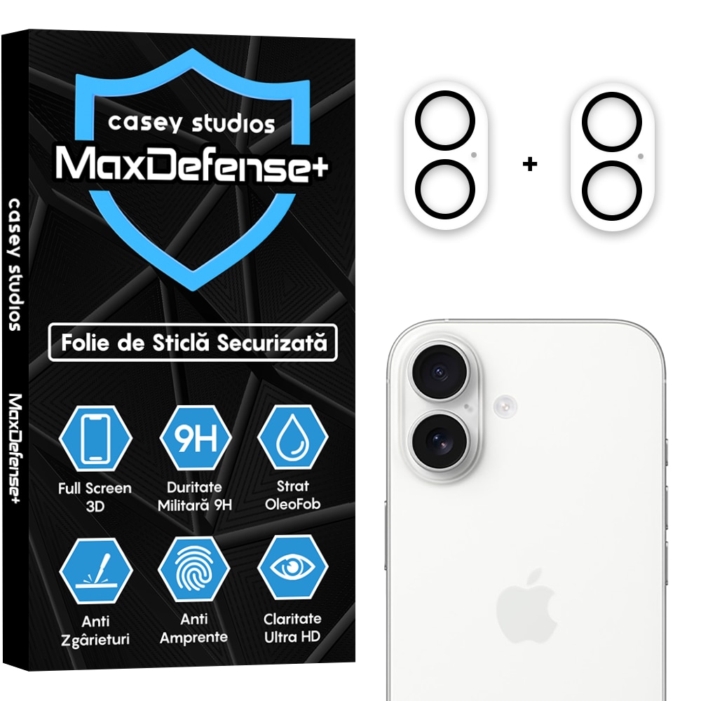Set 2x Folie Sticla Camera compatibil cu iPhone 17, CASEY STUDIOS™ MaxDefense+, Anti Socuri, Protectie Profesionala Camere 3D, Ultra HD, Anti Zgarieturi, Full Cover, Protectie Securizata