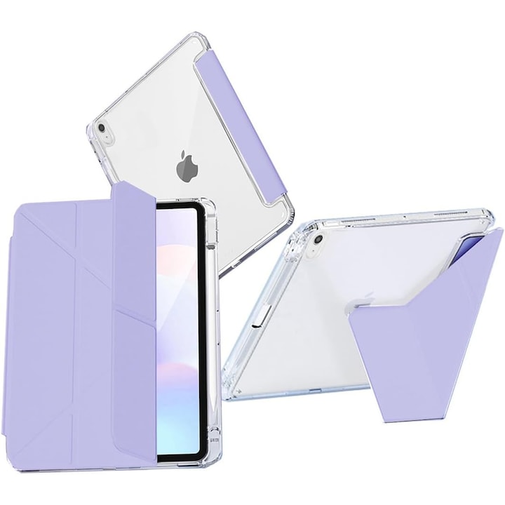 Husa tableta, ultra-subtire, cu slot pentru stilou, functie automata de trezire/hibernare, suport cu unghiuri multiple, culoare mov deschis, set cu stilou.