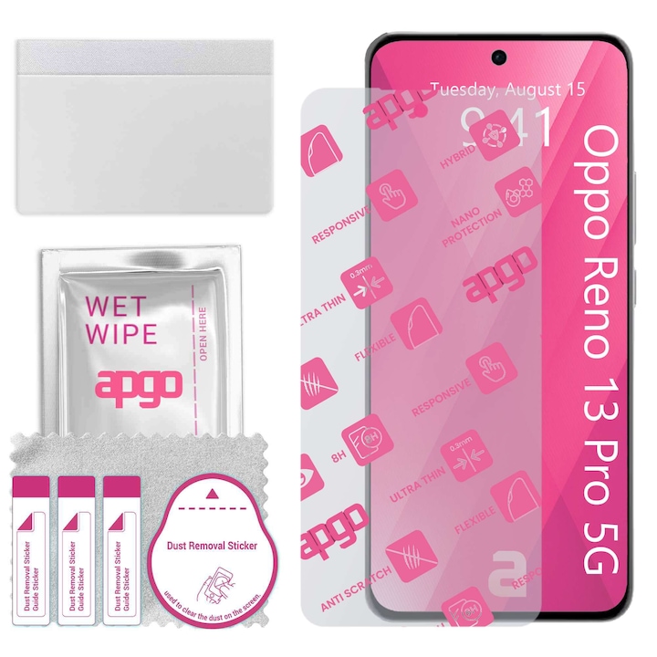 Sticla de protectie apgo pentru Oppo Reno13 Pro 5G – sticla hibrida, securizata pentru display, lucioasa, flexible Hybrid Glass, full glue