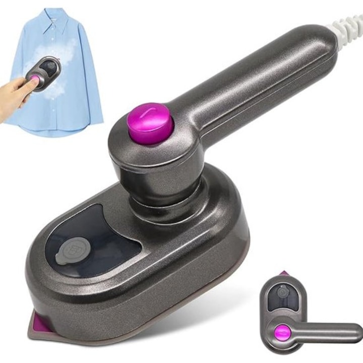 Mini fier de calcat si abur portabil 2-in-1, compact, gri, 18cm, 0.19kg