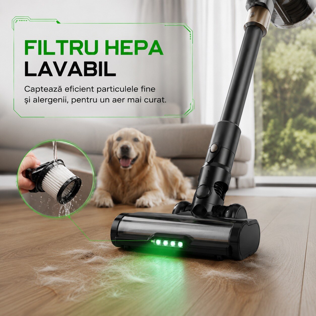 Aspirator vertical fara fir, Motor 400W, Putere aspirare 35 kPa, Autonomie pana la 52 minute, Filtru HEPA lavabil, Perie LED, Recipient 1L, 105 cm, Aluminiu si ABS, Negru