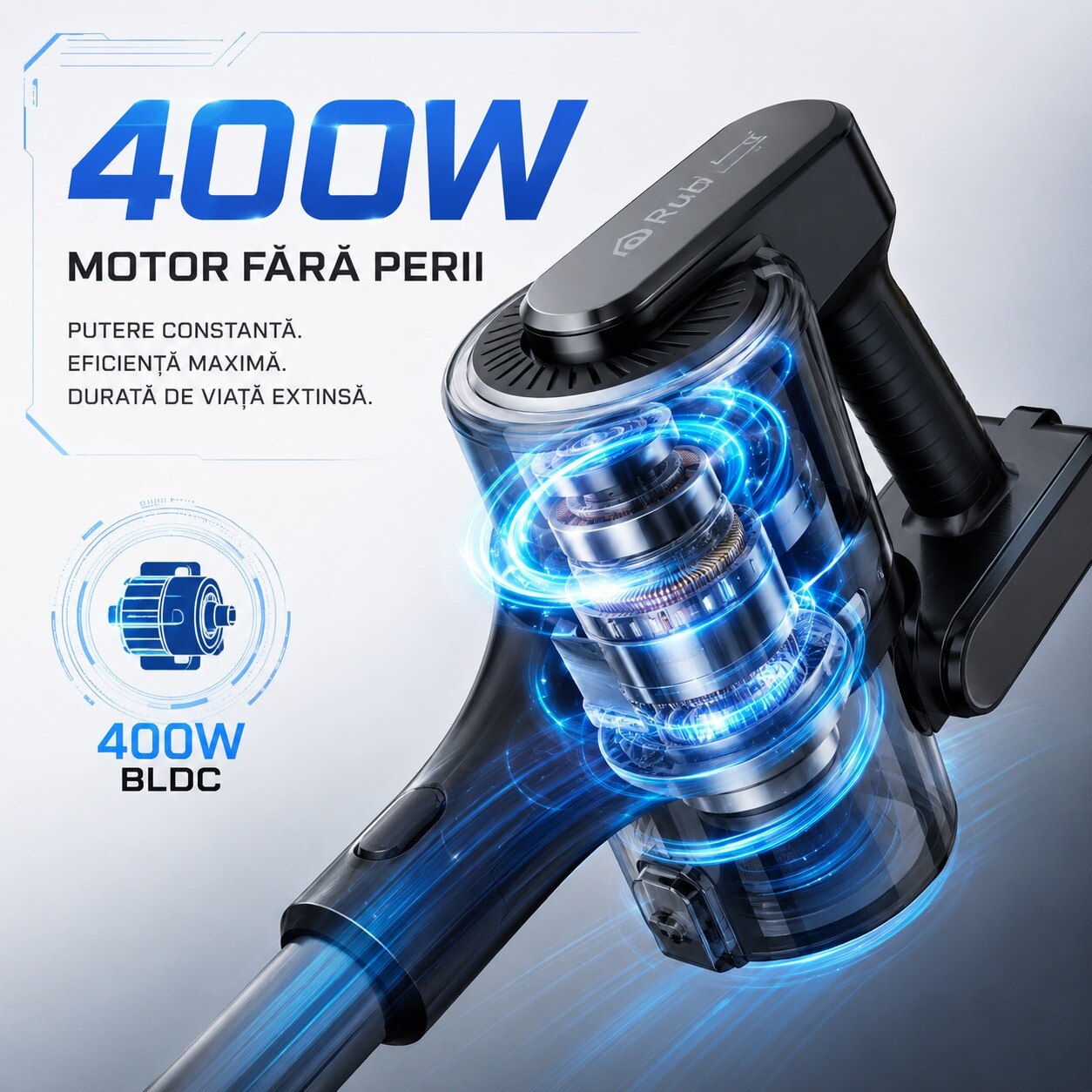Aspirator vertical fara fir, Motor 400W, Putere aspirare 35 kPa, Autonomie pana la 52 minute, Filtru HEPA lavabil, Perie LED, Recipient 1L, 105 cm, Aluminiu si ABS, Negru