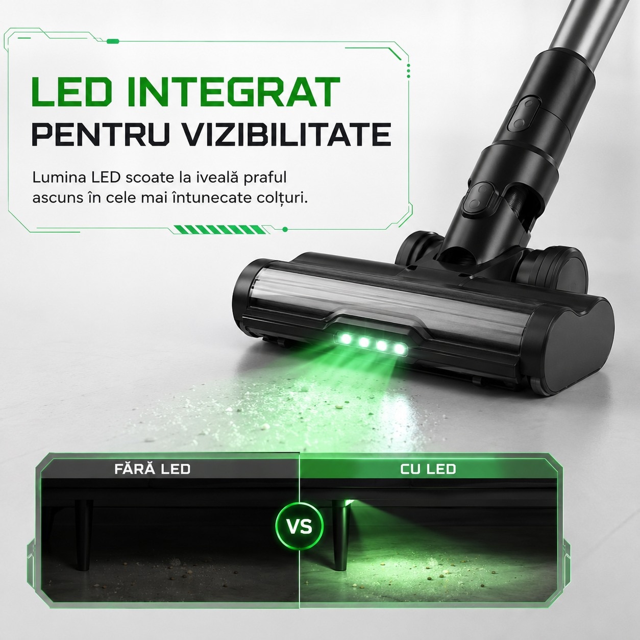 Aspirator vertical fara fir, Motor 400W, Putere aspirare 35 kPa, Autonomie pana la 52 minute, Filtru HEPA lavabil, Perie LED, Recipient 1L, 105 cm, Aluminiu si ABS, Negru