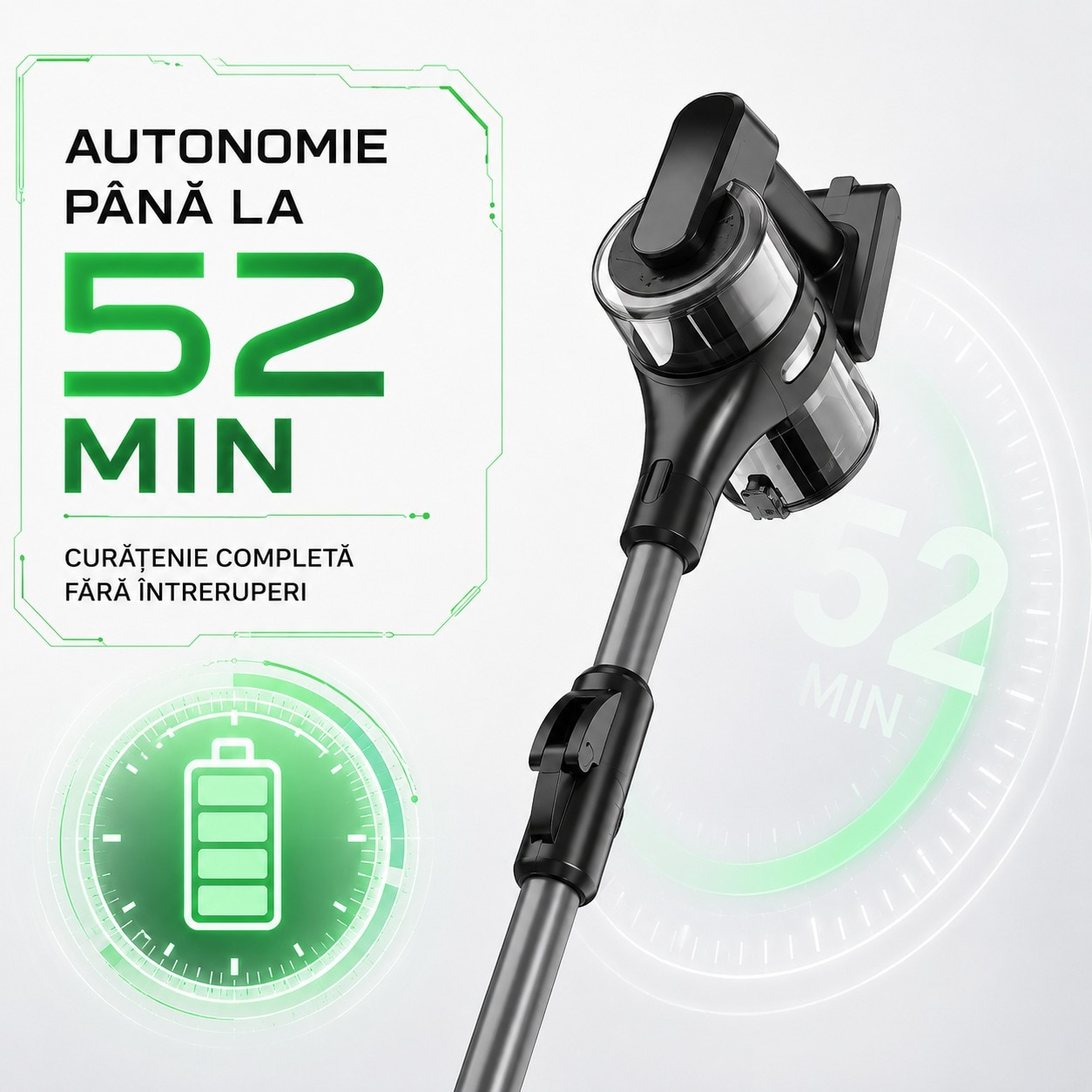 Aspirator vertical fara fir, Motor 400W, Putere aspirare 35 kPa, Autonomie pana la 52 minute, Filtru HEPA lavabil, Perie LED, Recipient 1L, 105 cm, Aluminiu si ABS, Negru