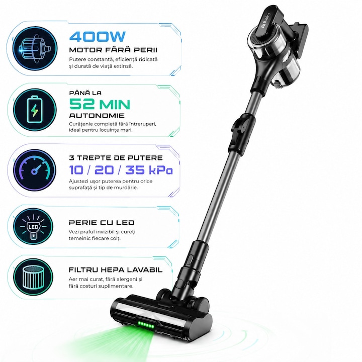 Aspirator vertical fara fir, Motor 400W, Putere aspirare 35 kPa, Autonomie pana la 52 minute, Filtru HEPA lavabil, Perie LED, Recipient 1L, 105 cm, Aluminiu si ABS, Negru