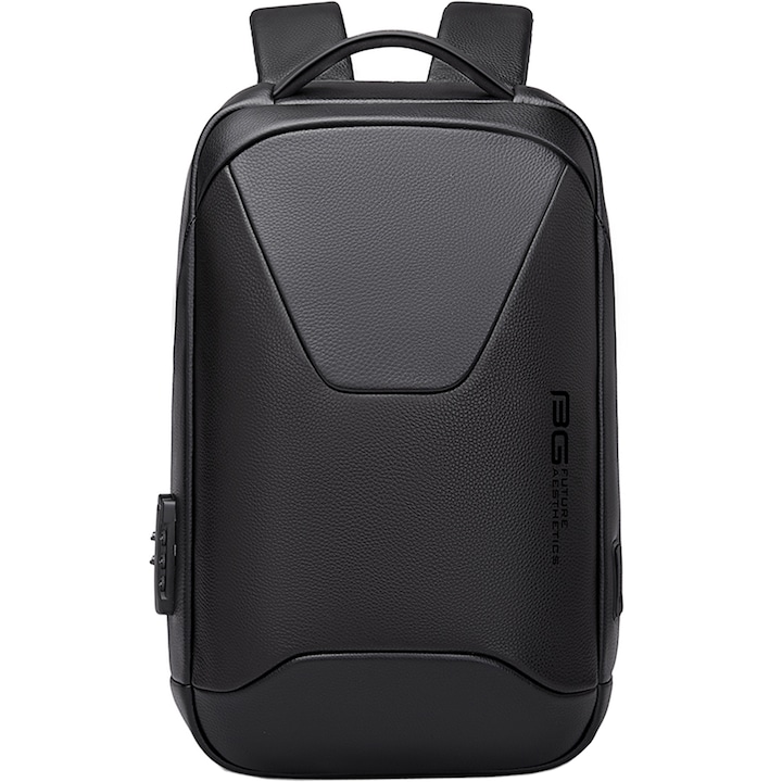 Rucsac laptop 15.6 inch, port USB, si USB-C, buzunar antifurt, din piele naturala, rezistent la stropi de apa, buzunar anbtifurt, sistem fixare pe valiza, BANGE, BG6621BK, Negru