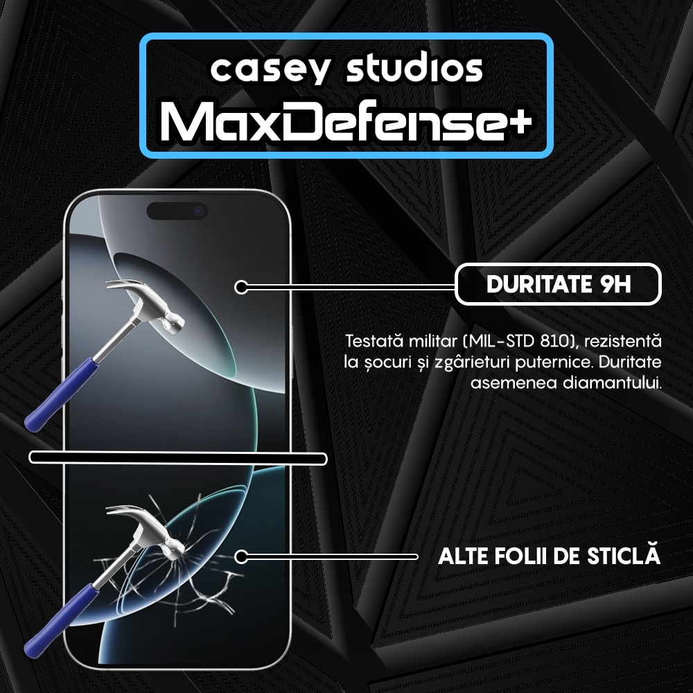 Folie Sticla CASEY STUDIOS™ compatibila cu iPhone 16 Pro Max, Anti Socuri, Anti Zgarieturi, Protectie Profesionala Ecran 3D, Ultra HD, Duritate Militara, Sticla Securizata, Full Glue, Full Cover 3D, MaxDefense+ Privacy
